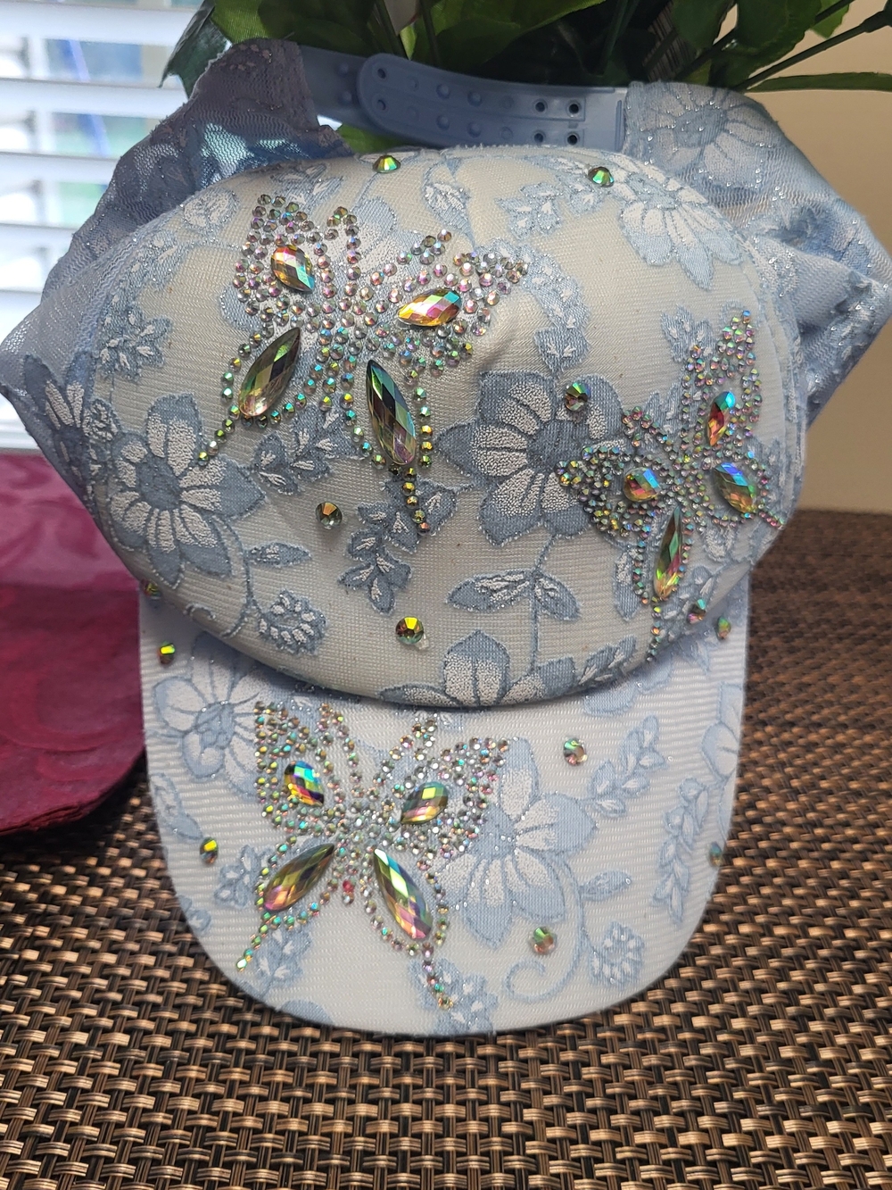 Light Blue Floral Rhinestone Butterfly Hat